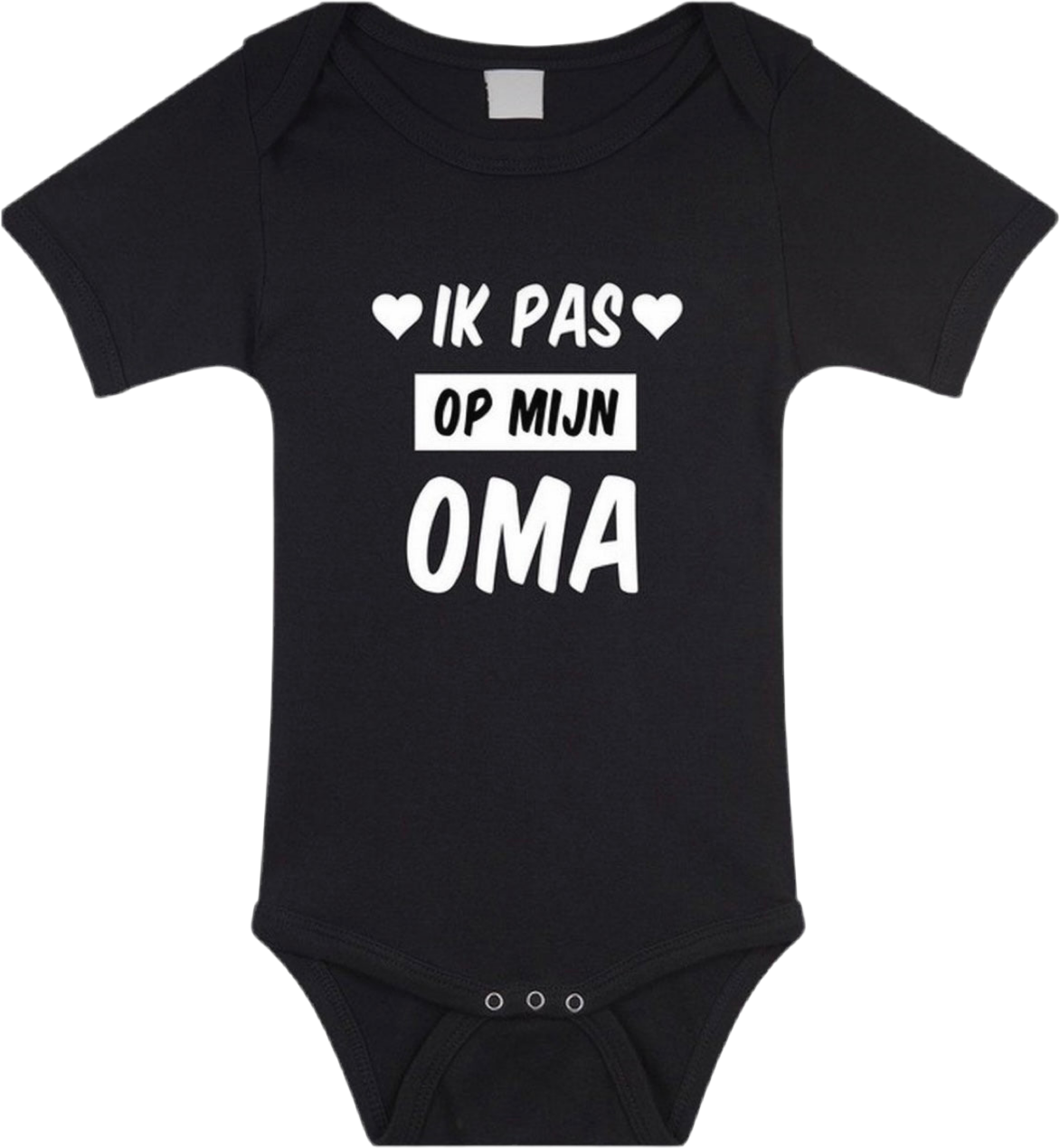 Zwarte babyromper met witte tekst “Ik pas op mijn oma” en hartjes