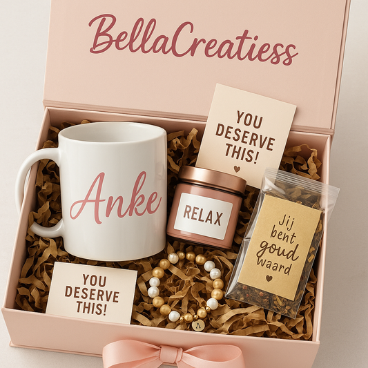 Luxe roze cadeaubox van BellaCreatiess met gepersonaliseerde mok, geurkaars, thee, armband en inspirerende kaartjes – perfect als cadeau voor haar.
