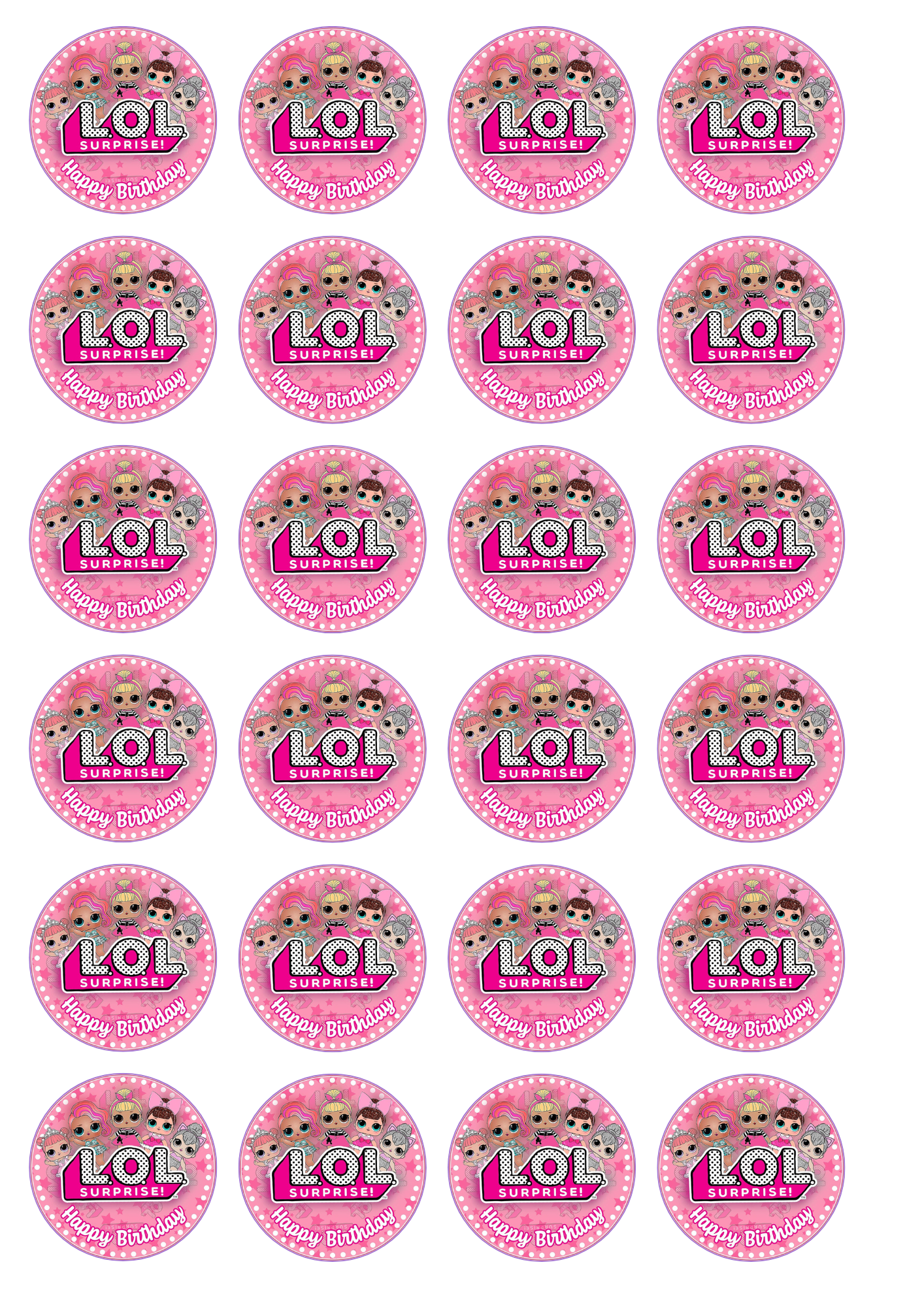Een vel met ronde roze stickers met een LOL Surprise! thema. Elke sticker heeft een afbeelding van LOL Surprise!-poppen, het logo en de tekst 'Happy Birthday;! om feestjes mee te versieren of traktatie te personaliseren."