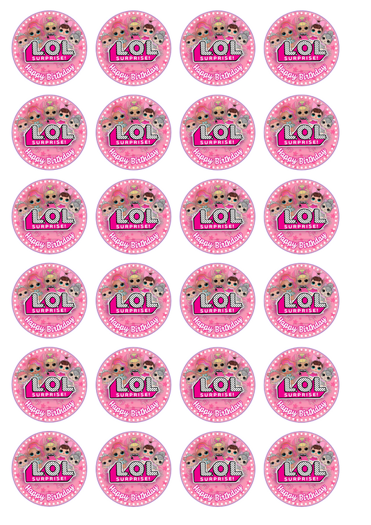 Een vel met ronde roze stickers met een LOL Surprise! thema. Elke sticker heeft een afbeelding van LOL Surprise!-poppen, het logo en de tekst 'Happy Birthday;! om feestjes mee te versieren of traktatie te personaliseren."